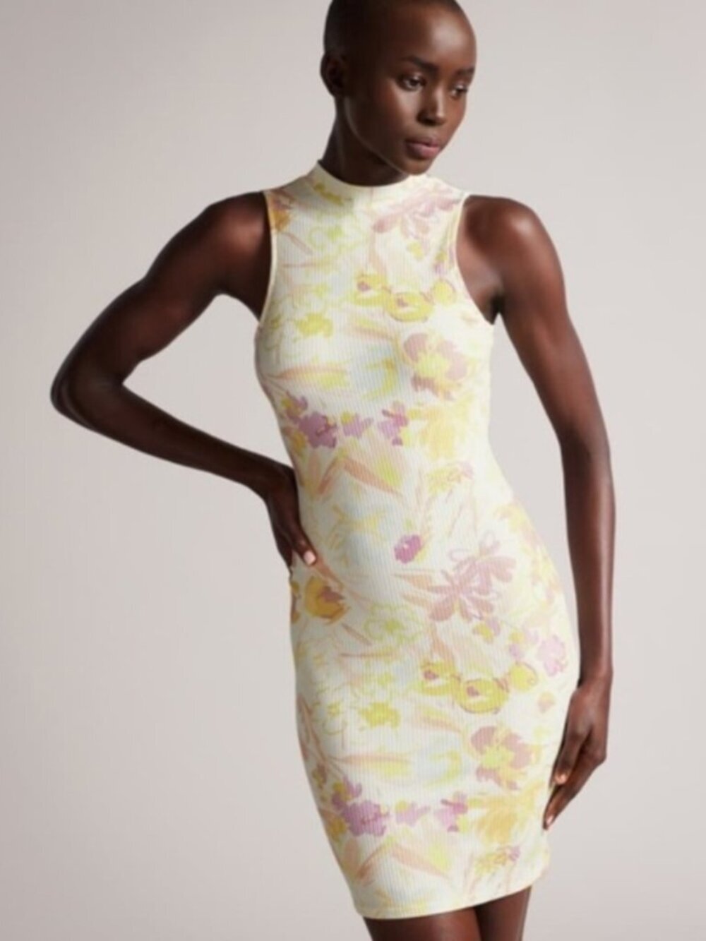 Ted Baker Effi Cutout Twist Back Bodycon Mini Dress yellow floral print size 4